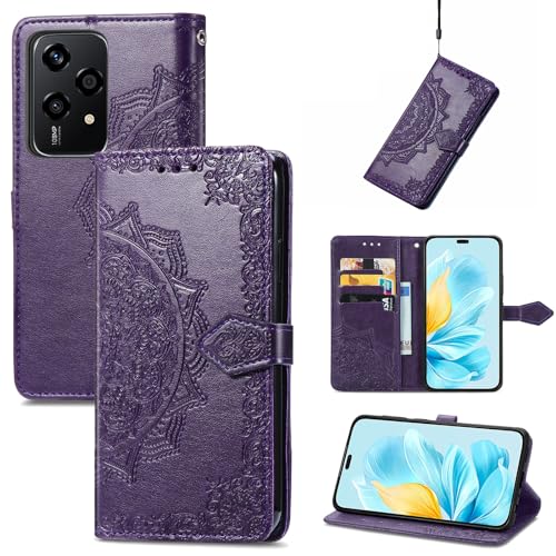 Fertuo Hülle für Honor 200 Lite 5G, Handyhülle Leder Flip Case Tasche mit Kartenfach, Magnet und Standfunktion [Mandala Muster] Handy Schutzhülle Ledertasche für Honor 200 Lite 5G, Lila von Fertuo