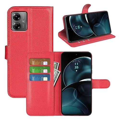 Fertuo Hülle für Motorola Moto G14, Handyhülle Leder Flip Case Tasche mit Standfunktion, Kartenfach, Magnetschnalle, Silikon Bumper Schutzhülle Cover für Motorola Moto G14, Rot von Fertuo