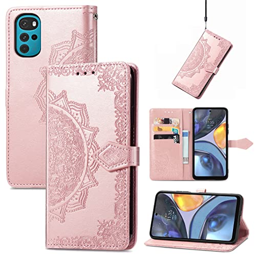 Fertuo Hülle für Motorola Moto G22 / E32S, Handyhülle Leder Flip Case Tasche mit Kartenfach, Magnet und Standfunktion [Mandala Muster] Handy Schutzhülle Ledertasche für Motorola Moto G22, Rosegold von Fertuo