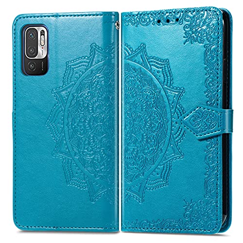 Fertuo Hülle für Poco M3 Pro/Xiaomi Redmi Note 10 5G, Handyhülle Leder Flip Case Tasche mit Kartenfach, Magnet und Standfunktion [Mandala Muster] Schutzhülle Ledertasche für Poco M3 Pro, Blau von Fertuo