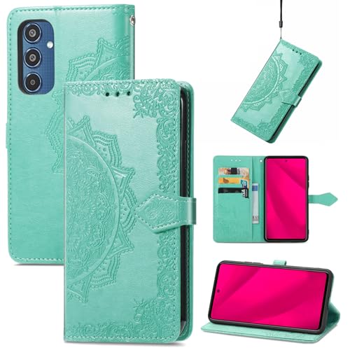 Fertuo Hülle für Samsung Galaxy M35, Handyhülle Leder Flip Case Tasche mit Kartenfach, Magnet und Standfunktion [Mandala Muster] Handy Schutzhülle Ledertasche für Samsung Galaxy M35, Grün von Fertuo