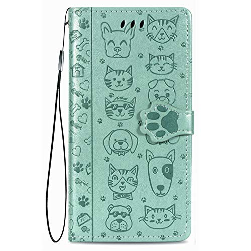 Fertuo Hülle für Samsung Galaxy S24, Handyhülle Leder Flip Case Tasche mit Kartenfach, Magnet und Standfunktion [Katze Hund Muster] Schutzhülle Cover für Samsung Galaxy S24, Grün von Fertuo