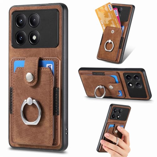 Fertuo Hülle für Xiaomi Poco X6 Pro, PU Leder Handyhülle Case Silikon Tasche Hartes PC mit Kartenfach, Magnet und Ständer Schutzhülle Stoßfest für Xiaomi Poco X6 Pro, Braun von Fertuo