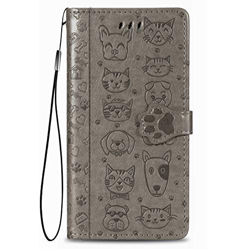 Fertuo Hülle für Xiaomi Redmi Note 13 Pro 5G / Poco X6 5G, Handyhülle Leder Flip Case Tasche mit Kartenfach, Magnet und Standfunktion [Katze Hund Muster] Schutzhülle Cover für Poco X6 5G, Grau von Fertuo