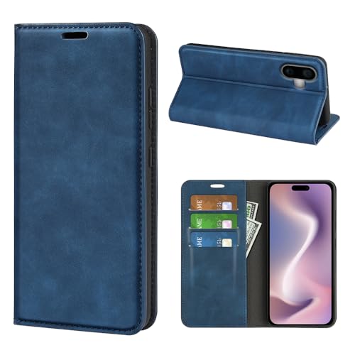 Fertuo Hülle für iPhone 16 Plus, Handyhülle Leder Flip Case Tasche mit Kartenfach, Magnetverschluss, Silikon Innenschale Schutzhülle Cover Lederhülle für iPhone 16 Plus, Blau von Fertuo