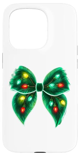 Hülle für iPhone 15 Pro Helle festliche Weihnachtsbeleuchtung und grüne Kokettschleife von Festive Charm Green Coquette Bow