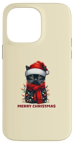 Hülle für iPhone 14 Pro Max Niedliche schwarze Katze Weihnachtsbeleuchtung von Festive Feline Designs