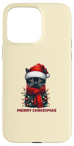 Hülle für iPhone 15 Pro Max Niedliche schwarze Katze Weihnachtsbeleuchtung von Festive Feline Designs