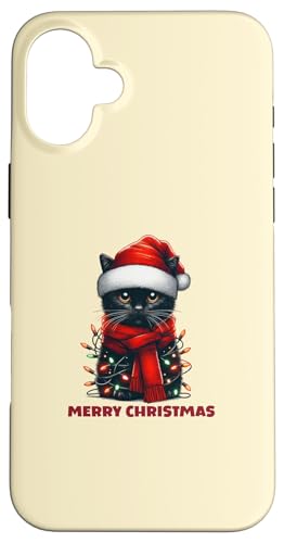 Hülle für iPhone 16 Plus Niedliche schwarze Katze Weihnachtsbeleuchtung von Festive Feline Designs