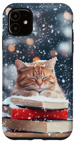 Hülle für iPhone 11 Niedliche Winterkatze mit Büchern und Schneeszene von Festive Holiday Pavilion & Curations