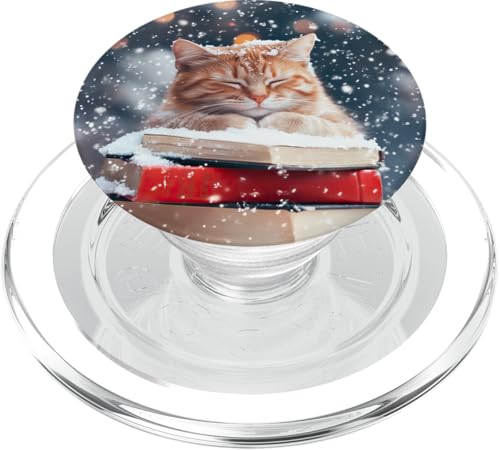 Niedliche Winterkatze mit Büchern und Schneeszene PopSockets PopGrip für MagSafe von Festive Holiday Pavilion & Curations