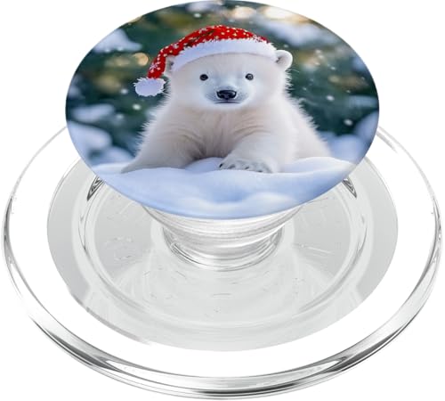 Niedliches Eisbärenjunges im Schnee mit Weihnachtsmütze PopSockets PopGrip für MagSafe von Festive Holiday Pavilion & Curations