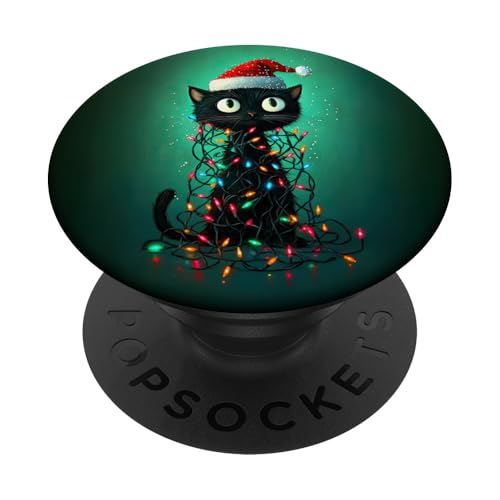 Süße schwarze Katze mit Weihnachtsmütze und PopSockets Klebender PopGrip von Festive Holiday Pavilion & Curations