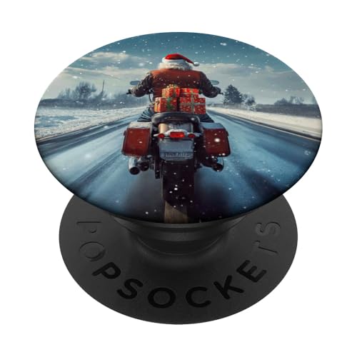 Weihnachtsmann fährt Motorrad mit Geschenken im Schnee PopSockets Klebender PopGrip von Festive Holiday Pavilion & Curations