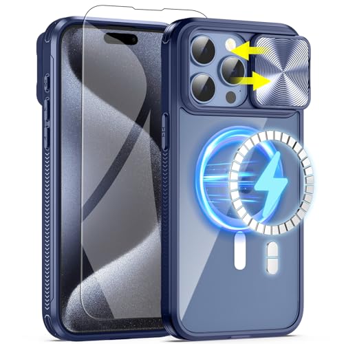 Fewdew Magnetische Schutzhülle für iPhone 15 Pro Max, kompatibel mit MagSafe [super magnetisch] & Schiebe-Kamera-Abdeckung und Displayschutzfolie, stoßfeste Schutzhülle für iPhone 15 Pro Max 6,7 Zoll, von Fewdew