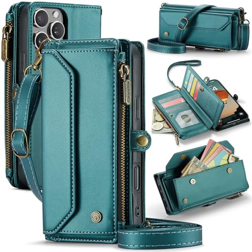 FeylWezm Crossbody-Schutzhülle für iPhone 16 Pro Max/16 Pro/16 Plus/16, PU-Leder, Reißverschlusstasche, Flip-Cover mit Magnetverschluss, Kartenhalter, Schultergurt, Handgelenkschlaufe, Grün, 16 Plus von FeylWezm