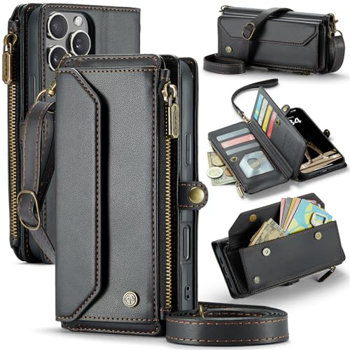 FeylWezm Crossbody-Schutzhülle für iPhone 16 Pro Max/16 Pro/16 Plus/16, PU-Leder, Reißverschlusstasche, Flip-Cover mit Magnetverschluss, Kartenhalter, Schultergurt, Handgelenkschlaufe, Schwarz, 16 von FeylWezm