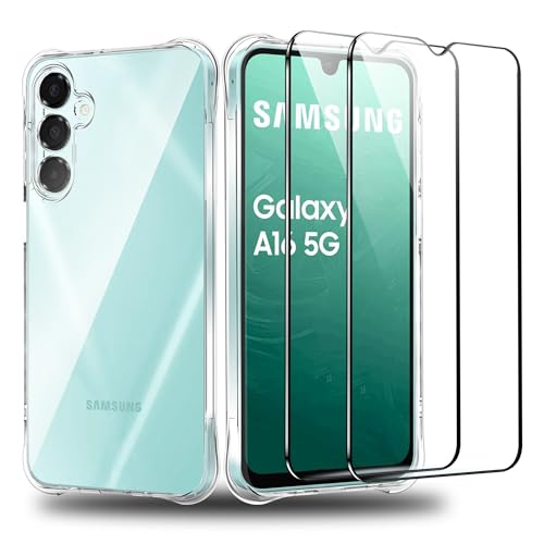 Fhyeugfy Schutzhülle für Samsung Galaxy A16 5G, mit Displayschutzfolie aus gehärtetem Glas, transparent, TPU, stoßfest, kratzfest, 2 Stück von Fhyeugfy