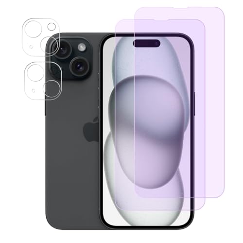 FiiMoo Schutzfolie Kompatibel mit iPhone 15, Anti Blaulicht Schutzfolie + Kamera Schutzfolie [2+2 Stück] [Augenpflege] [Blasenfreie] [Blockiert übermäßiges Schädliches Blaues Licht & UV] von FiiMoo