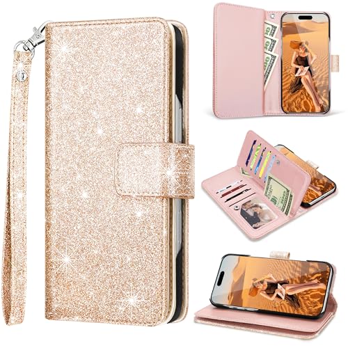 Fingic Schutzhülle für iPhone 16 Pro, iPhone 16 Pro, Glitzer, 9 Kartenfächer, PU-Leder mit Ständer, Handschlaufe, Schutzhülle für Damen und Mädchen, Wüsten-Titan-Gold von Fingic