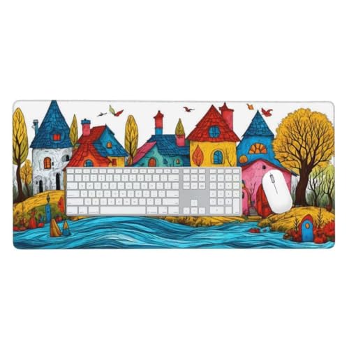 Mauspad, Schreibtischunterlage, Mouse Pad Bunte Häuser Gaming Mauspad, Mauspad XXL 1200x600 mm, Rutschfeste Gummibasis Desk Mat, Genähte Kanten Mauspad, Groß Erweiterter Schreibtisch Schutz O-60 von Finnoon