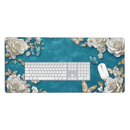 Mauspad, Schreibtischunterlage, Mouse Pad Schmetterlingsrose Gaming Mauspad, Mauspad XXL 1200x600 mm, Rutschfeste Gummibasis Desk Mat, Genähte Kanten Mauspad, Groß Erweiterter Schreibtisch Schutz O360 von Finnoon