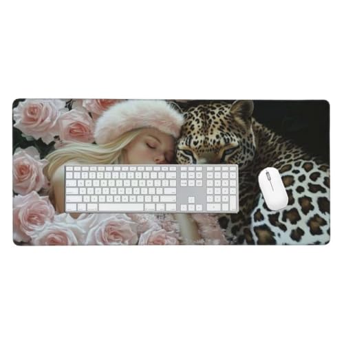 Mauspad, Schreibtischunterlage, Mouse Pad Weiblicher Leopard Gaming Mauspad, Mauspad XXL 1200x600 mm, Rutschfeste Gummibasis Desk Mat, Genähte Kanten Mauspad, Groß Erweiterter Schreibtisch Schutz O692 von Finnoon