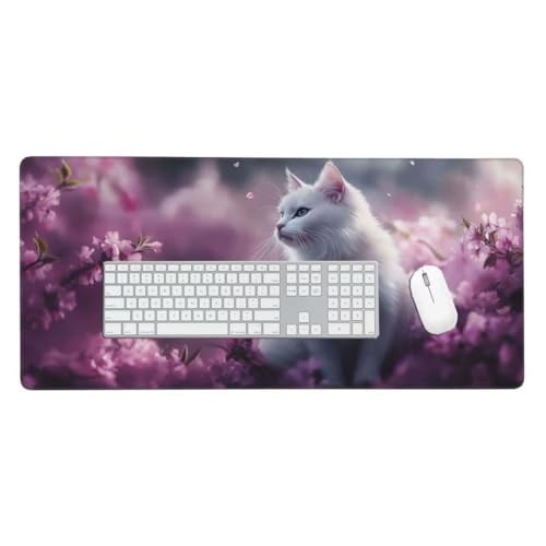 Mauspad, Schreibtischunterlage, Mouse Pad Weiße Katze Gaming Mauspad, Mauspad XXL 1200x600 mm, Rutschfeste Gummibasis Desk Mat, Genähte Kanten Mauspad, Groß Erweiterter Schreibtisch Schutz O-19 von Finnoon