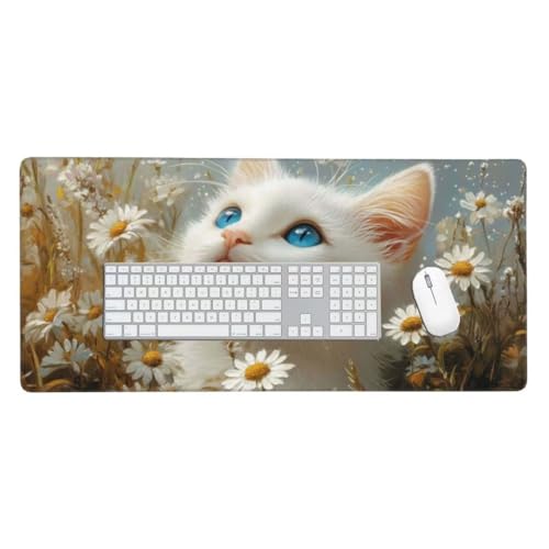 Mauspad, Schreibtischunterlage, Mouse Pad Weiße Katze Gaming Mauspad, Mauspad XXL 600x300 mm, Rutschfeste Gummibasis Desk Mat, Genähte Kanten Mauspad, Groß Erweiterter Schreibtisch Schutz O-18 von Finnoon