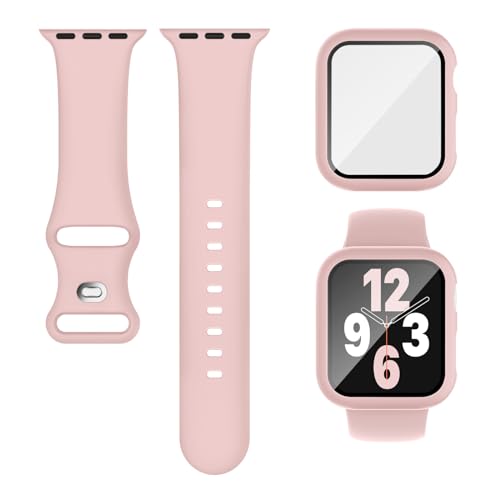 3-IN-1 Kompatibel für Apple Watch Armband mit Hülle und Displayschutz 40mm 41mm 44mm 45mm, Weich Silikon Sport Band + Gehäuse Mit Glas Kompatibel für iWatch Series SE 9 8 7 6 5 4 Damen Herren Rosa von Finoriss