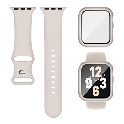 3-IN-1 Kompatibel für Apple Watch Armband mit Hülle und Displayschutz 44mm, Weich Silikon Sport Band + Gehäuse Mit Glas Kompatibel für iWatch Series SE 9 8 7 6 5 4 Damen Herren Polarstern Beige von Finoriss