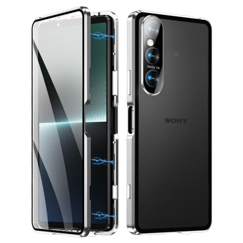 Hülle kompatibel mit Sony Xperia 1 VI Schutzhülle Magnetische Adsorption Case Metallrahmen Handyhülle 360 Grad Schutzhülle Vorne und Hinten Vollbild Display Schutz Gehärtetes Glas Cover,Silber von Fiokxie