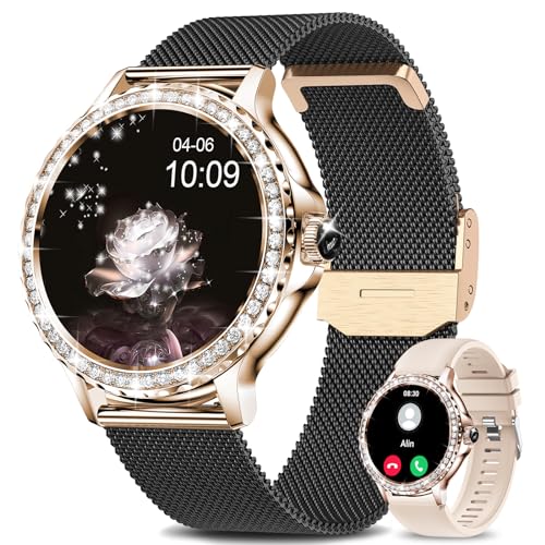 Smartwatch Damen, 1,3" HD Touchscreen Smart Watch mit Telefonfunktion Menstruationszyklus SpO2 Pulsuhr Schlafmonitor Schrittzähler Kalorien Fitness Tracker IP68 iOS Android Schwarz, Frauen Geschenk von Fitoncloud