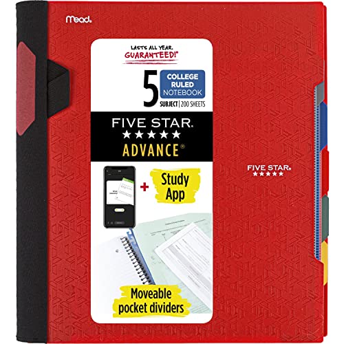 Five Star modernes Spiralen-Notizbuch, 5 Fächer, mittelbreites, liniertes Papier, 2 Blatt, Farbe wird variieren (6326) 1 Packung rot von Five Star