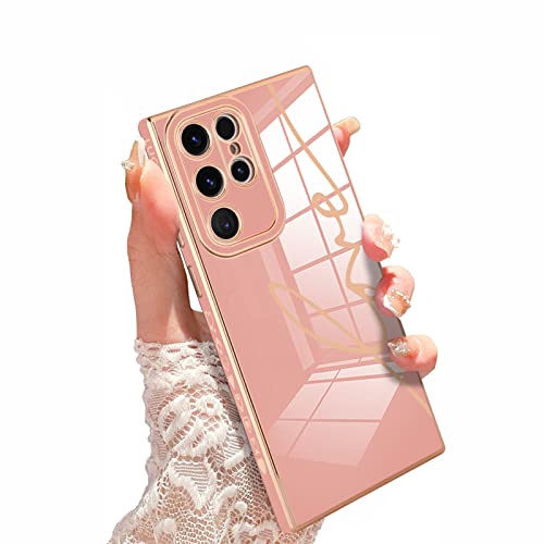 Fiyart Entworfen für Samsung Galaxy S23 Ultra 5G Hülle Cute Love Plating für Frauen Mädchen mit Displayschutzfolie Kamera Schutz Luxus Galvanisierte TPU Handyhülle für Galaxy S23 Ultra 5G 6.8-Pink von Fiyart