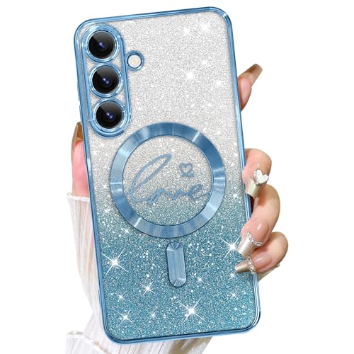 Fiyart Schutzhülle für Samsung Galaxy S205, kompatibel mit MagSafe Love Heart Plating Kameraschutz, transparente Handyhülle, magnetischer Glitzer für Damen und Mädchen, stoßfeste Rückseite, 15,5 cm, von Fiyart