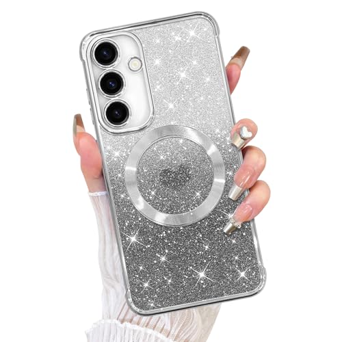 Fiyart Schutzhülle für Samsung Galaxy S205 Plus, kompatibel mit MagSafe Love Heart Plating Kameraschutz, transparente Handyhülle, magnetischer Glitzer für Damen und Mädchen, stoßfeste Hülle S205+, von Fiyart