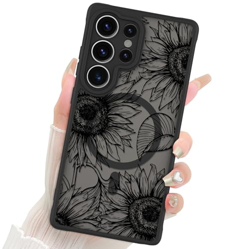 Fiyart Schutzhülle für Samsung Galaxy SA5 Ultra, mattes Blumendesign, kompatibel mit MagSafe, niedliche Sonnenblumen, kratzfest, durchscheinend, 17,3 cm (6,8 Zoll), Schwarz von Fiyart