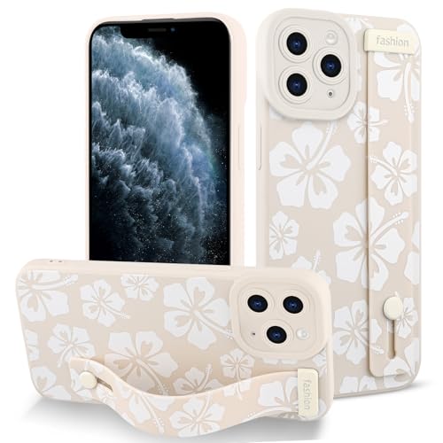 Fiyart Schutzhülle für iPhone 11 Pro Max, niedliche Blumen mit Riemen, weiche TPU-Handyhülle, schützende Kameralinsenschutz für Damen und Herren, floraler Stoßfänger mit Ständer, 17 cm, Weiß von Fiyart