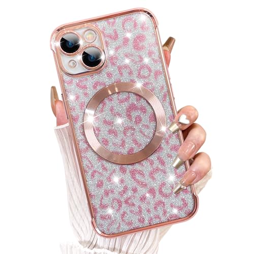 Fiyart Schutzhülle für iPhone 13, kompatibel mit MagSafe Geparden-Druck, transparente Handyhülle, magnetischer Glitzer-Leopardenmuster, für Damen und Mädchen, 15,5 cm, Rosa von Fiyart