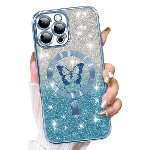 Fiyart Schutzhülle für iPhone 13 Pro Max, kompatibel mit MagSafe-Schmetterlingen, Kameraschutz, transparent, magnetischer Glitzer, für Damen und Mädchen, stoßfest, 17 cm, Blau von Fiyart