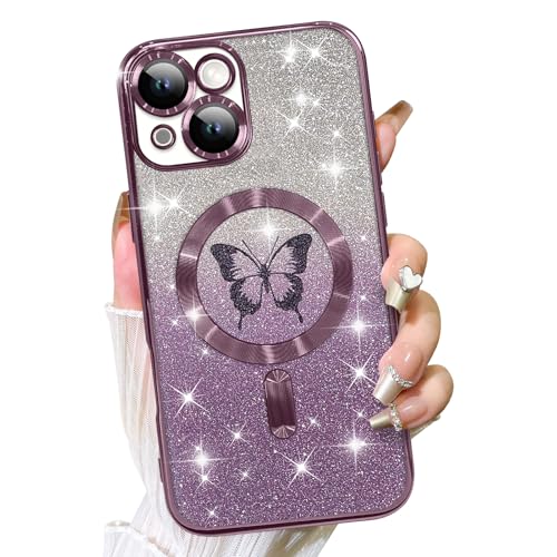 Fiyart Schutzhülle für iPhone 14, kompatibel mit MagSafe Plating Kameraschutz, Schmetterlinge, transparent, magnetischer Glitzer für Damen und Mädchen, stoßfest, 15,5 cm, Violett von Fiyart