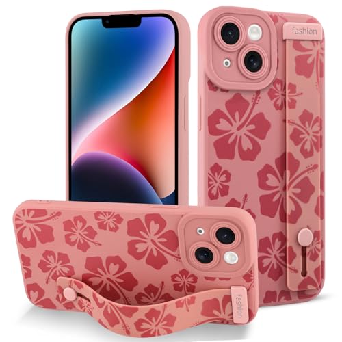 Fiyart Schutzhülle für iPhone 14, niedliche Blumen mit Riemen, weiche TPU-Handyhülle, schützende Kameralinsenschutz für Damen und Herren, floraler Stoßfänger mit Ständer, 15,5 cm, Rosa von Fiyart