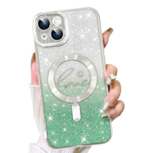 Fiyart Schutzhülle für iPhone 15 Plus, kompatibel mit MagSafe Love Heart Plating Kameraschutz, transparente Handyhülle, magnetischer Glitzer für Damen und Mädchen, stoßfeste Rückseite, 17 cm, Grün von Fiyart