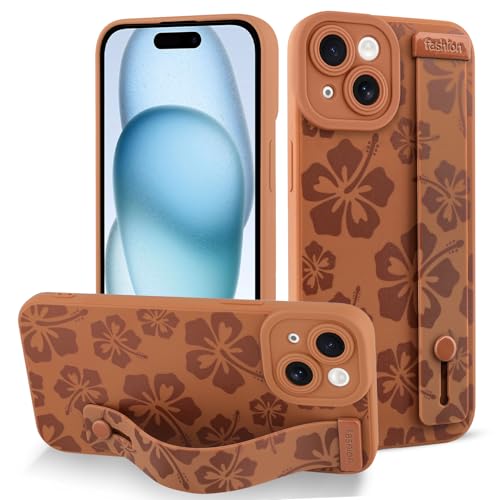 Fiyart Schutzhülle für iPhone 15 Plus, niedliche Blumen mit Riemen, weiche TPU-Handyhülle, schützende Kameralinsenschutz für Damen und Herren, floraler Stoßfänger mit Ständer, 17 cm, Braun von Fiyart