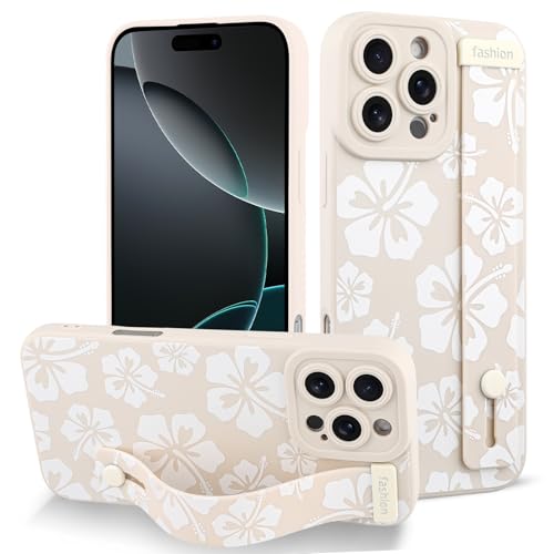 Fiyart Schutzhülle für iPhone 16 Pro, niedliche Blumen mit Riemen, weiche TPU-Handyhülle, schützende Kameralinsenschutz für Damen und Herren, floraler Stoßfänger mit Ständer, 16 cm, Weiß von Fiyart