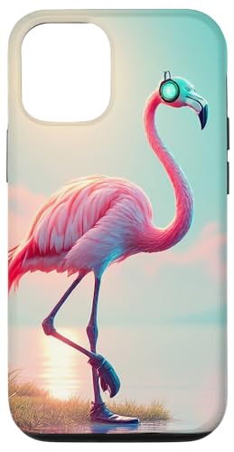 Hülle für iPhone 12/12 Pro Lustiger Flamingo mit Kopfhörern am Stand im Sonnenuntergang von Flamingo Beach