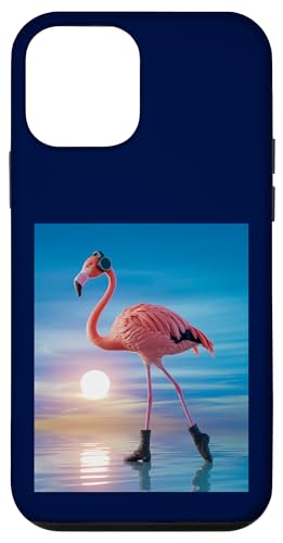 Hülle für iPhone 12 mini Lustiger Flamingo mit Kopfhörern am Stand im Sonnenuntergang von Flamingo Beach