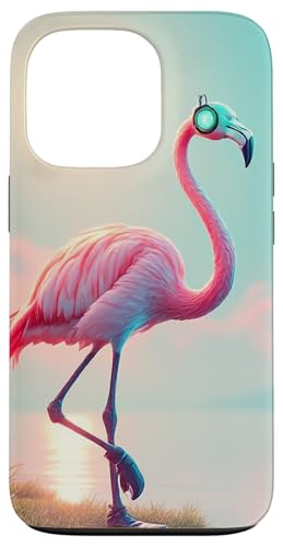 Hülle für iPhone 13 Pro Lustiger Flamingo mit Kopfhörern am Stand im Sonnenuntergang von Flamingo Beach