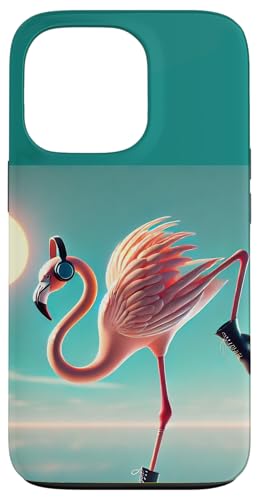 Hülle für iPhone 13 Pro Lustiger Flamingo mit Kopfhörern am Stand im Sonnenuntergang von Flamingo Beach